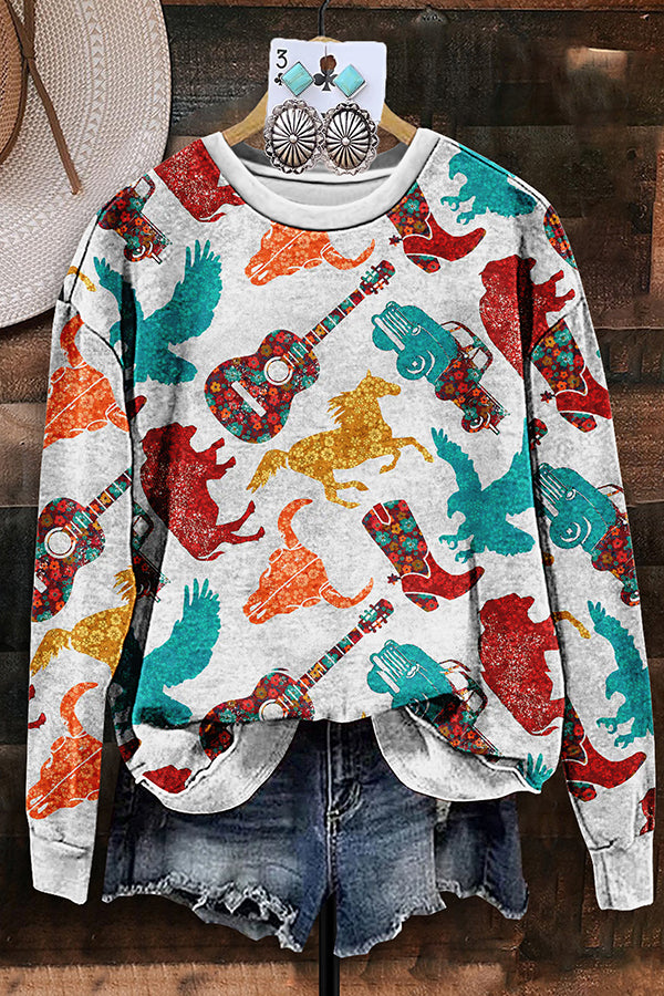 Vintage Western Cow and Horse Print Sweatshirt